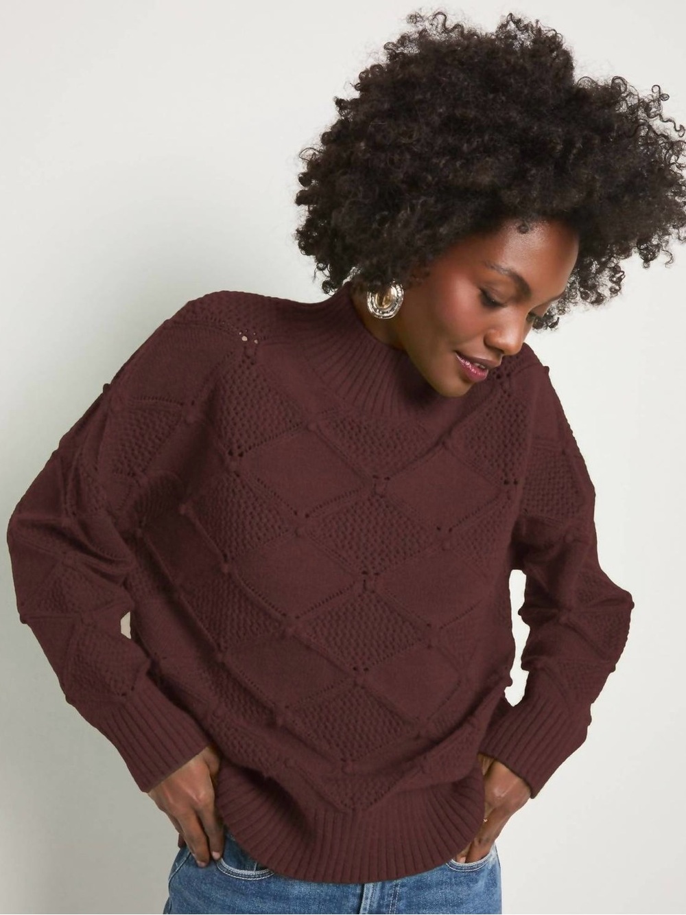 78 & SUNNY Diamond Pattern Knit Sweater Chocolate Brown Bobble Knit Mock Neck